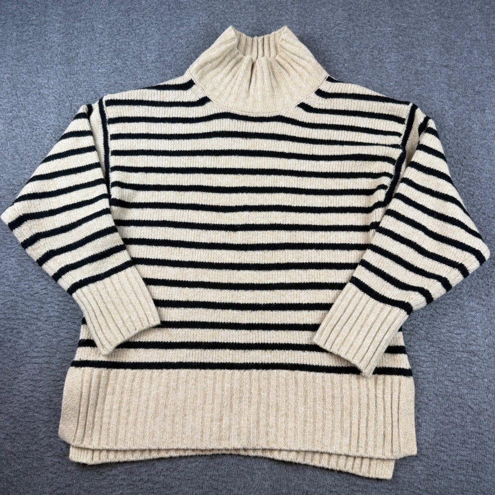 A New Day Sweater Women's Small Beige Black Striped Mock Neck Ribbed Pullover